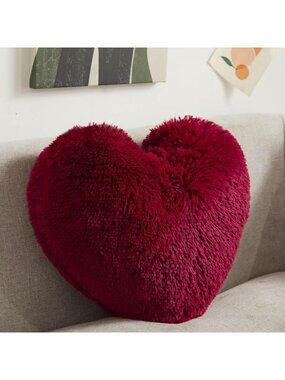 Fluffy Heart Throw Pillow - Shaggy Decorative Cushion for Sofa, Couch, Bed, Cute